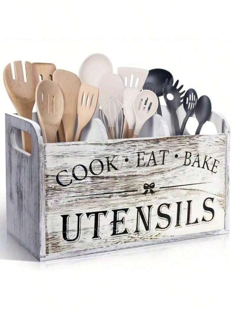 SHEIN Rustic Wooden Kitchen Utensil Holder | 1pc | Wood Material | 3-Compartment Storage Box, Countertop & Wall-Mounted Organizer | Kitchen Accessories For Cook, Eat, Bake Tools | - Multicolor - View 17