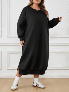SHEIN CURVE+ Plus Size Women Loose Casual Long Fleece Hoodie Dress, Suitable For Halloween, Autumn/Winter/Autumn /Winter