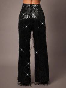 Silquee Autumn And Winter Women's Black Fringe Sequin Fabric Diamond Button Fashion Suit Pants, Suitable For Parties, Gatherings, Dates, Going Out, Wedding Guests, Birthdays, Dates, Halloween, Thanksgiving, Christmas Sequin Fringe Pants Party - Black - View 8