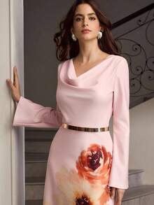 ZEYLAH Elegant Swing Neck Floral Print Flare Sleeve Dress - Pink - View 6