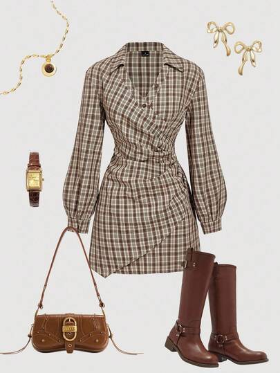 SHEIN MOD Women's Plaid Print V-Neck Lantern Sleeve Ruched Fitted Mini Dress, Suitable For Work, School, Casual Wear, Fall Clothes For Women,Shirt Dress,Brown Plaid,Office Outfit,Long Sleeves,Fitted Waist