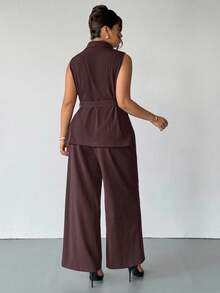 Firerie Plus Size Women Solid Color Shawl Collar Belted Sleeveless Blazer And Pants Casual Commuter 2 Pieces Set Brown Jumpsuit Women Plus Size Formal Jumpsuit Brown Two Pieces Set Women 2 Piece Sets Woman Classy Maternity Clothes Two Pieces Suits Autumn Winter Clothes For Women Brown Two Piece Set Women Maternity Clothes Two Piece Suits
