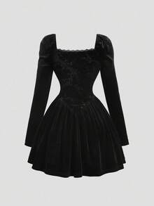 Sweetra 女士新款春秋通勤、日常、旅行、活动、宴会天鹅绒拼布压花天鹅绒优雅小黑裙，方领荷叶边长袖收腰褶皱 A 字迷你连衣裙 - 黑色 - 查看 2