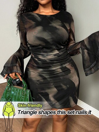 Truni Robe mini à manches longues élastique pour femmes grandes tailles Sometimesglam, robe imprimée tie-dye, pour la morphologie en forme de poire