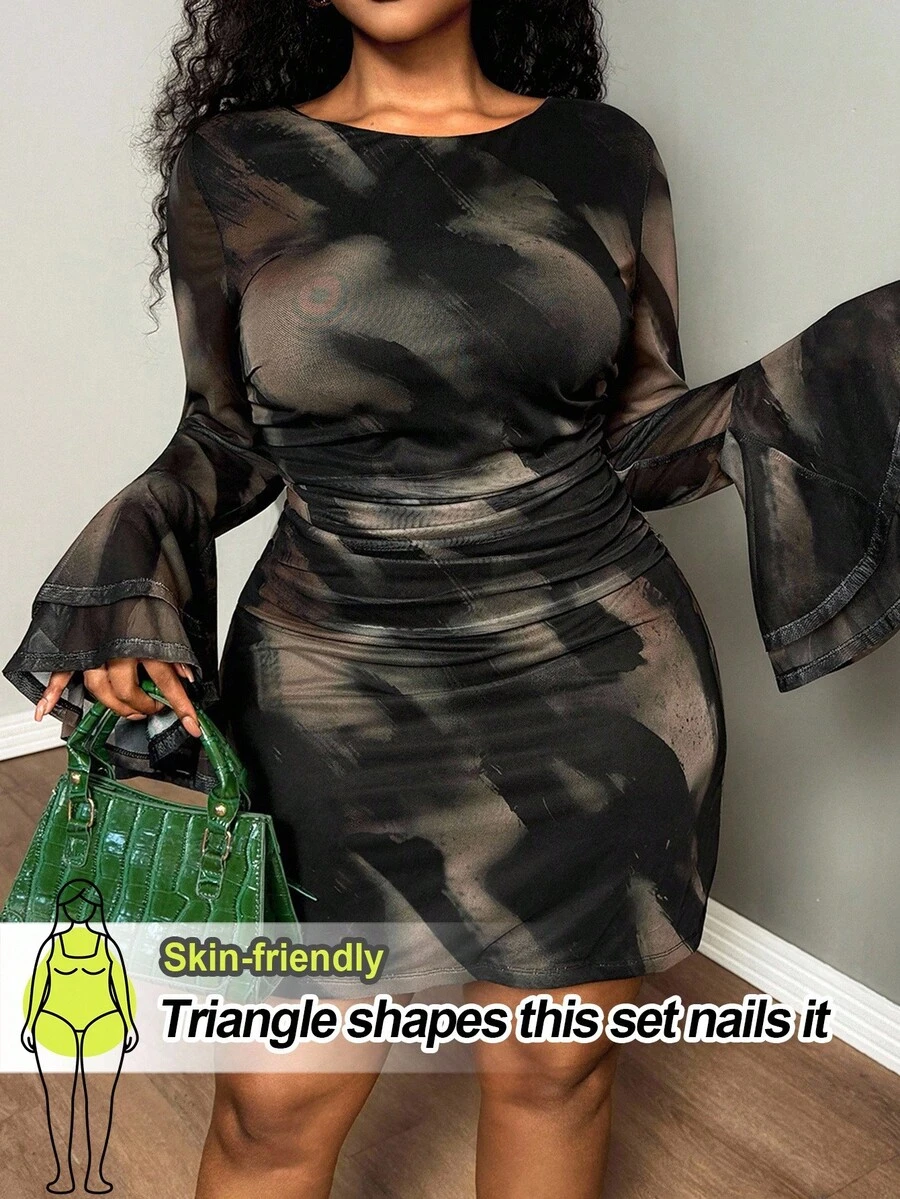 Truni Gaun Mini Lengan Panjang Elastis Ukuran Besar untuk Wanita, Gaun Motif Tie-Dye, Untuk Bentuk Tubuh Pir & Segitiga - MultiWarna - View 1
