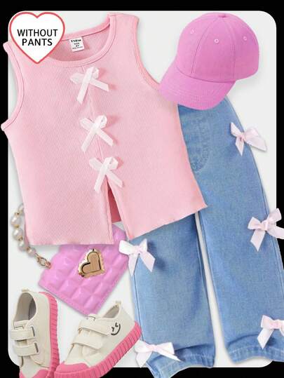 SHEIN 女童粉色蝴蝶结装饰无袖背心