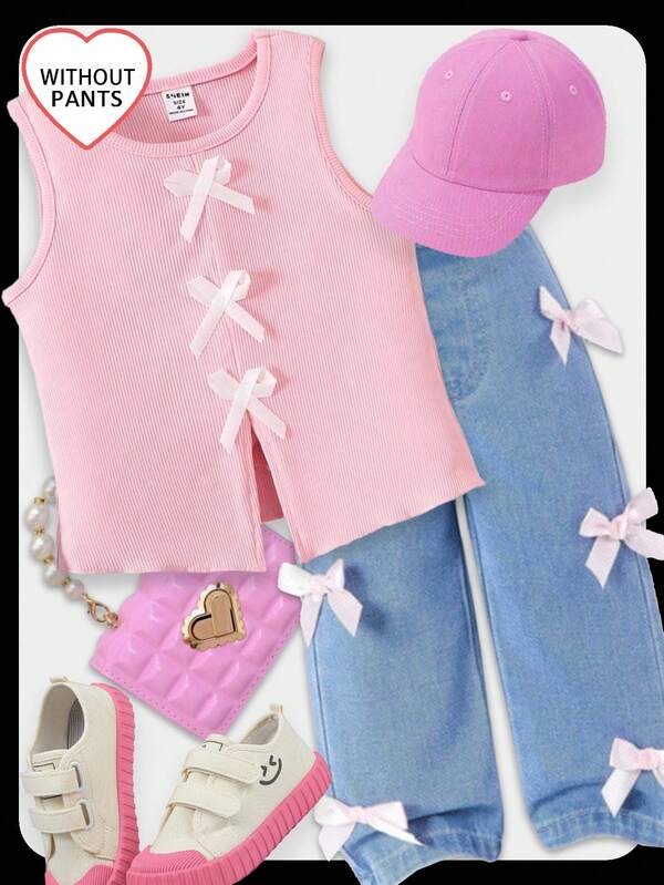 SHEIN Girls (Small) Pink Bow Decor Sleeveless Tank Top