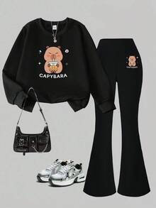 2 件套女孩和青少年水豚和珍珠奶茶印花圆领长袖运动衫和喇叭裤，舒适针织长袖运动上衣，可爱卡通设计适合秋冬休闲装 - 彩色 - 查看 3