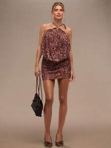 SHEIN BAE Summer Autumn Sexy Leopard Print Swing Neck Hip Shrink Mini Backless Dresses,Vacation Outfits Women,Mini Dress ,Sexy Dress,Beach Vacation Outfits,Halloween Clothes Women ,Halloween Costume