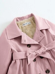 SHEIN Baby Girl Pink Thermal Lined Long Cardigan With Lapel Collar, Autumn/Winter - Pink - View 3