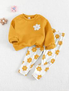 Cozy Pixies 2件套女婴花卉印花针织柔软圆领长袖运动衫和裤子套装