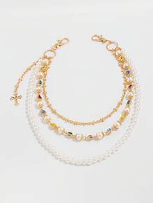 ROMWE Fairycore 1 件复古优雅简约多色水晶和人造珍珠裤链，男士朋克嘻哈斜挎链，用于裤子装饰 - 金黃色 - 查看 2