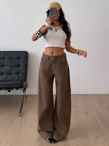 DAZY 女士常规中腰香蕉腿休闲牛仔裤 Y2k - 棕色 - 查看 2