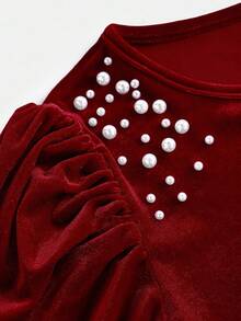 Pitira Tween Girls Beaded Detail Fitted Mini Dress, Leg Of Mutton Sleeves Long Sleeves, Autumn And Winter Dress, Halloween, Christmas, Party, Sun Hem Dress, Gorgeous,Christmas Dress - Red - View 5