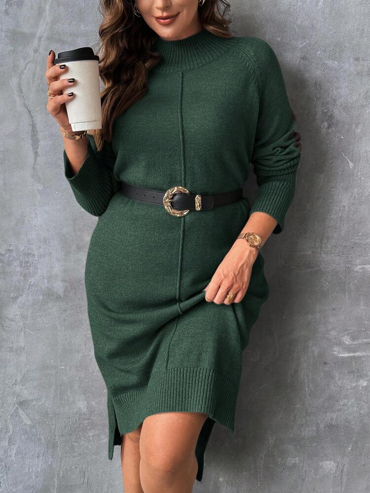 Plus Size Bodycon Turtleneck Sweater Dress With Side Slit Design, High-Low Hem, Color-Blocked Sleeves. Made With Multicolored Yarn For A Comfortable And High-Quality Feel.Parties, Music Festivals, Home Wear, Back-To-School Events, Gifting, And Shopping.Turtleneck Sweater,Winter Women Dress,Elegant Women Dresses,Fall Clothes Curve,Winter Clothes,Office Dress,Classy Dress,Elegant Dresses