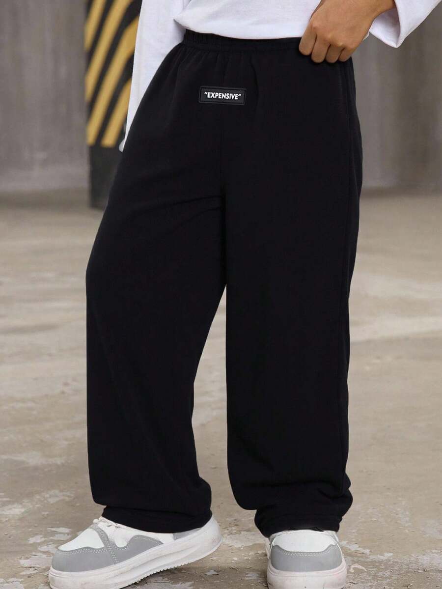 SHEIN Kids/Young Boys' Casual Everyday Loose Fit Pockets Straight Leg Solid Color Knit Sweatpants, Suitable For School, Garden, Beach, Birthday, Spring, Summer, Fall, Winter