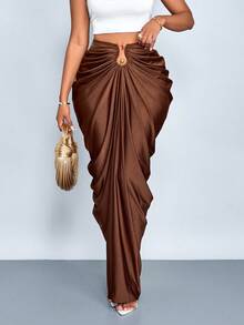 SOLERSUN Women's Fashion Solid Color Gathered Ruched Skirt - Coffee Brown - View 3