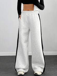 EURMUSE Rhinestone Side Detailed Brushed Light Grey Melange Sweatpants - Light Grey - View 3