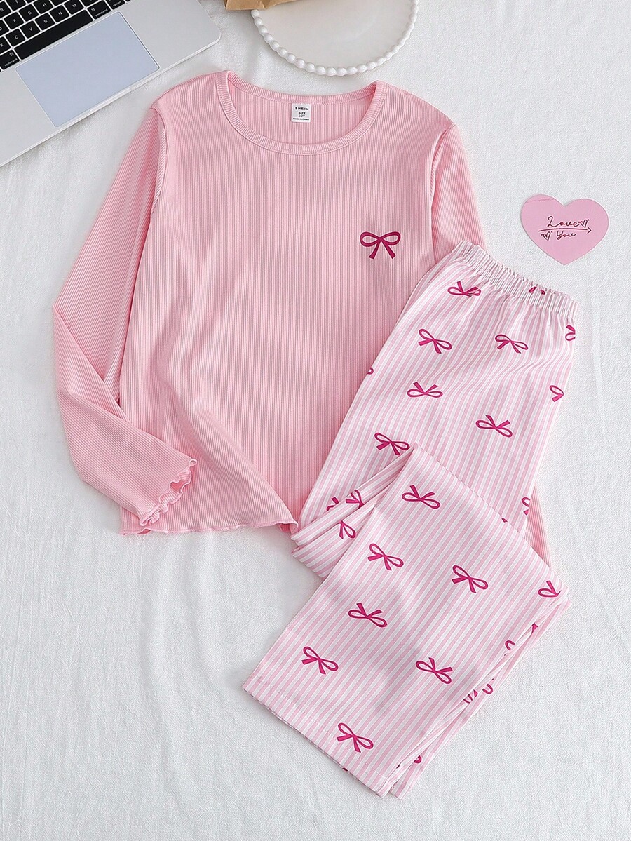 Genkimix Kids 女童蝴蝶印花白色长袖上衣和配套蝴蝶印花裤撞色边家居服套装 - 彩色 - 查看 1