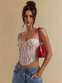 SHEIN BAE Camiseta de tirantes delicada y brillante para mujer, adecuada para fiestas, banquetes, eventos de cóctel y salidas nocturnas en otoño - Albaricoque - Ver 2