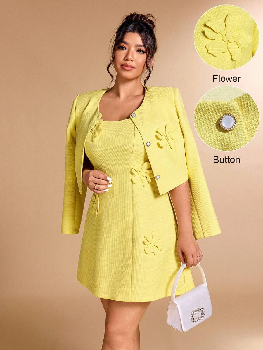 Cravure 3件套3D花卉圆领夹克、背心和连衣裙套装 - 黃色 - 查看 1