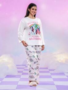 My Little Pony X SHEIN Plus Size Cute Horse Print Round Neck Long Sleeve Top And Pants Pajama Set, Autumn, Cozy Outfit, Fall Winter Clothes - Multicolor - View 5