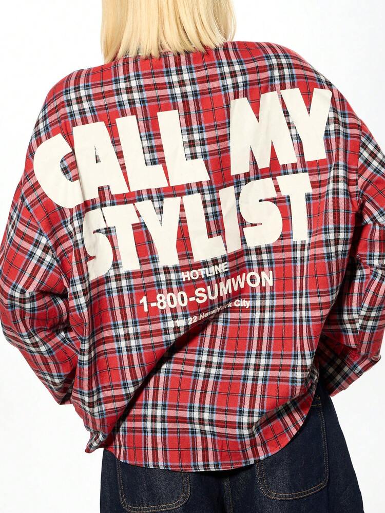 SUMWON WOMEN Plaid Button Down Shirt With Text Print