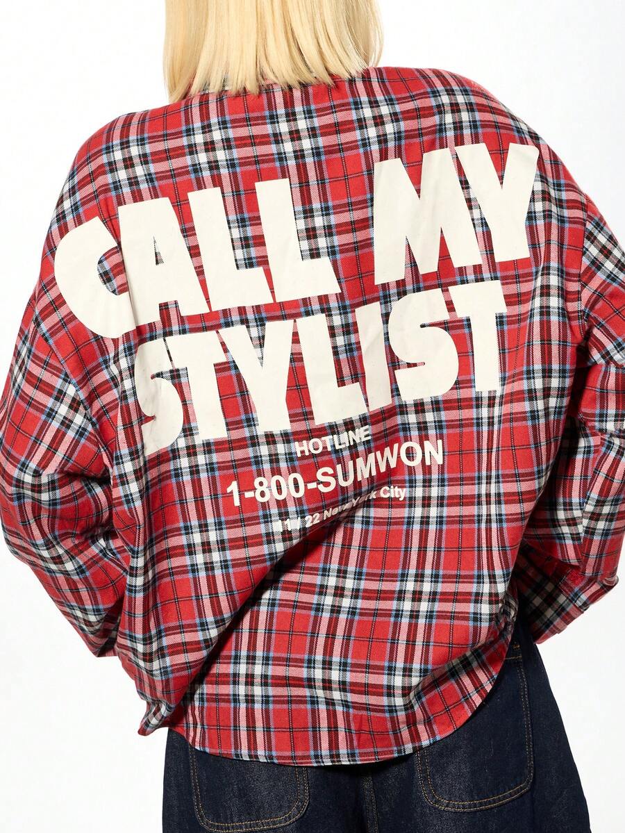 SUMWON WOMEN Cotton Oversized Plaid Check Long Sleeve Button Down Shirt With Call My Stylist Print Fall Winter Streetwear Holiday Collection - Red - View 1