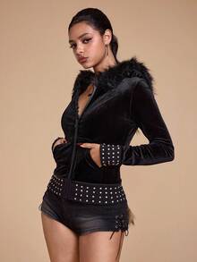 ROMWE Grunge Punk Áo nỉ nhung ôm vừa vặn gợi cảm Y2K đính đá Rhinestone trang trí cho nữ - màu đen - Xem 5