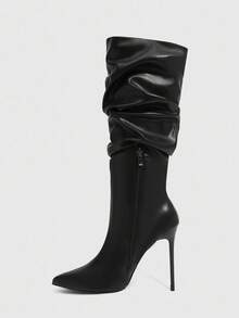 CUCCOO SZL White Pointed Toe Stiletto Heel Mid-Calf Slip-On Boots - Black - View 9