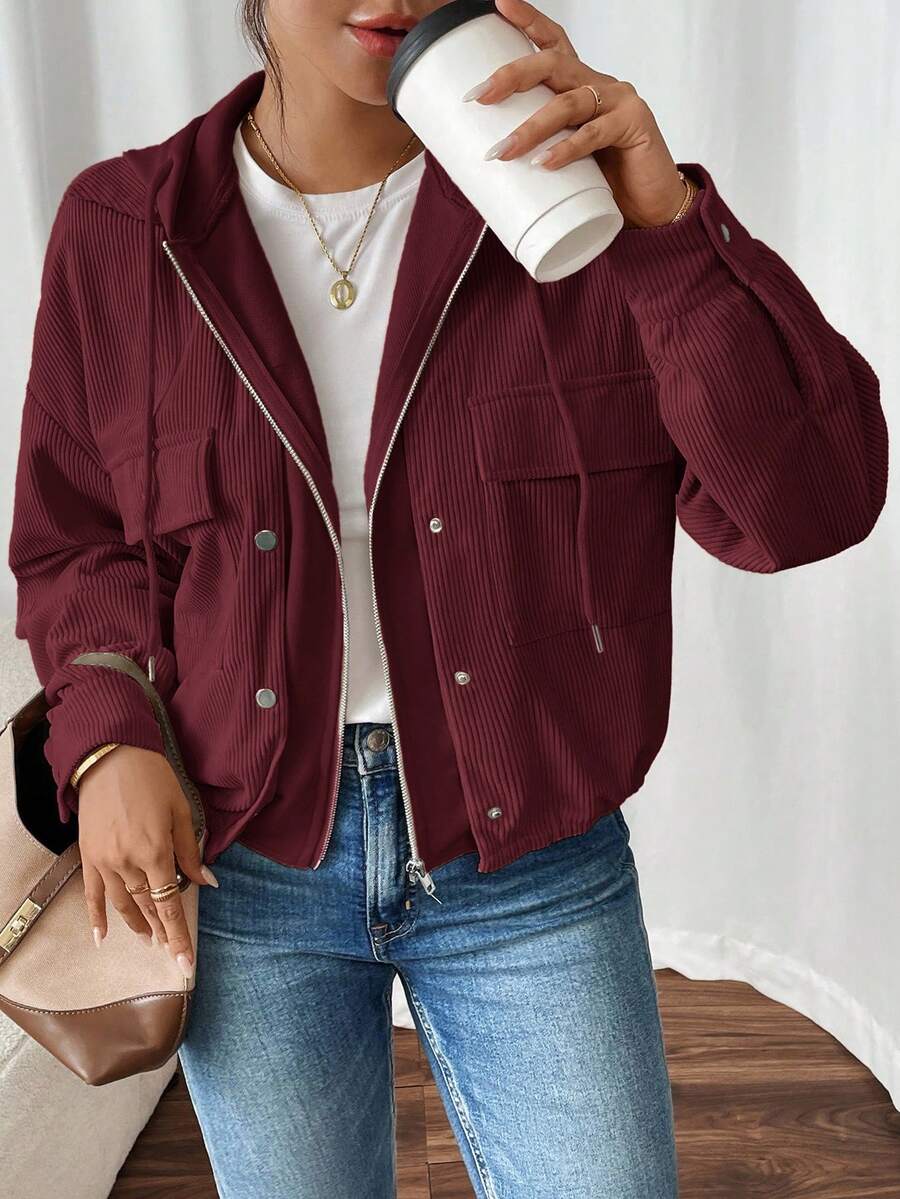 SHEIN Frenchy 女式拼接二合一灯芯绒连帽夹克秋冬女装 - 酒紅色 - 查看 1
