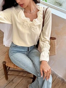 SHEIN Frenchy Women's Solid Color Ruffle Trim Long Sleeve Fashion Blouse, Winter Casual - Apricot - View 3