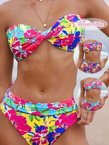 Swim Vcay 2025 花卉印花吊带露脐上衣和高腰短裤比基尼套装（可双面多穿），夏季海滩度假 - 彩色 - 查看 1