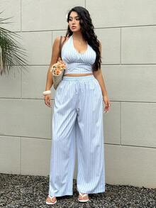 SHEIN Tall Große Größen Träger-Neckholder ärmelloser gestreifter Jumpsuit mit tiefem V-Ausschnitt