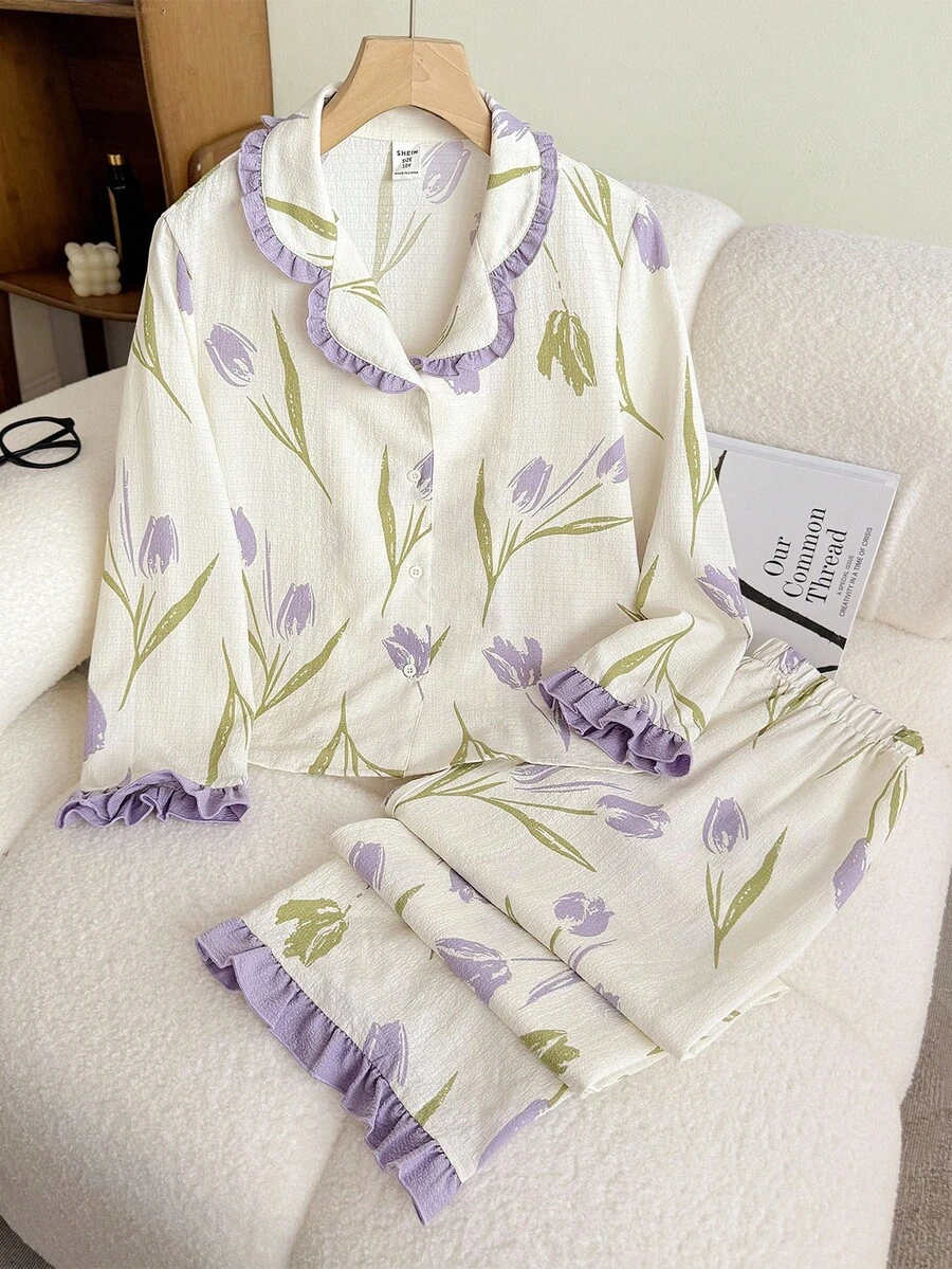 青少年女孩休闲家居可爱花朵印花图案撞色缝线荷叶边家居服套装,郁金香印花荷叶边下摆睡衣套装,节日季 - 彩色 - 查看 1