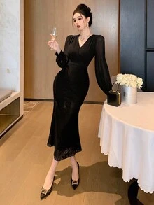 DAZY Women's V-Neck Lace Patchwork Waist Fishtail Hem Maxi Elegant Dress Prom Dress