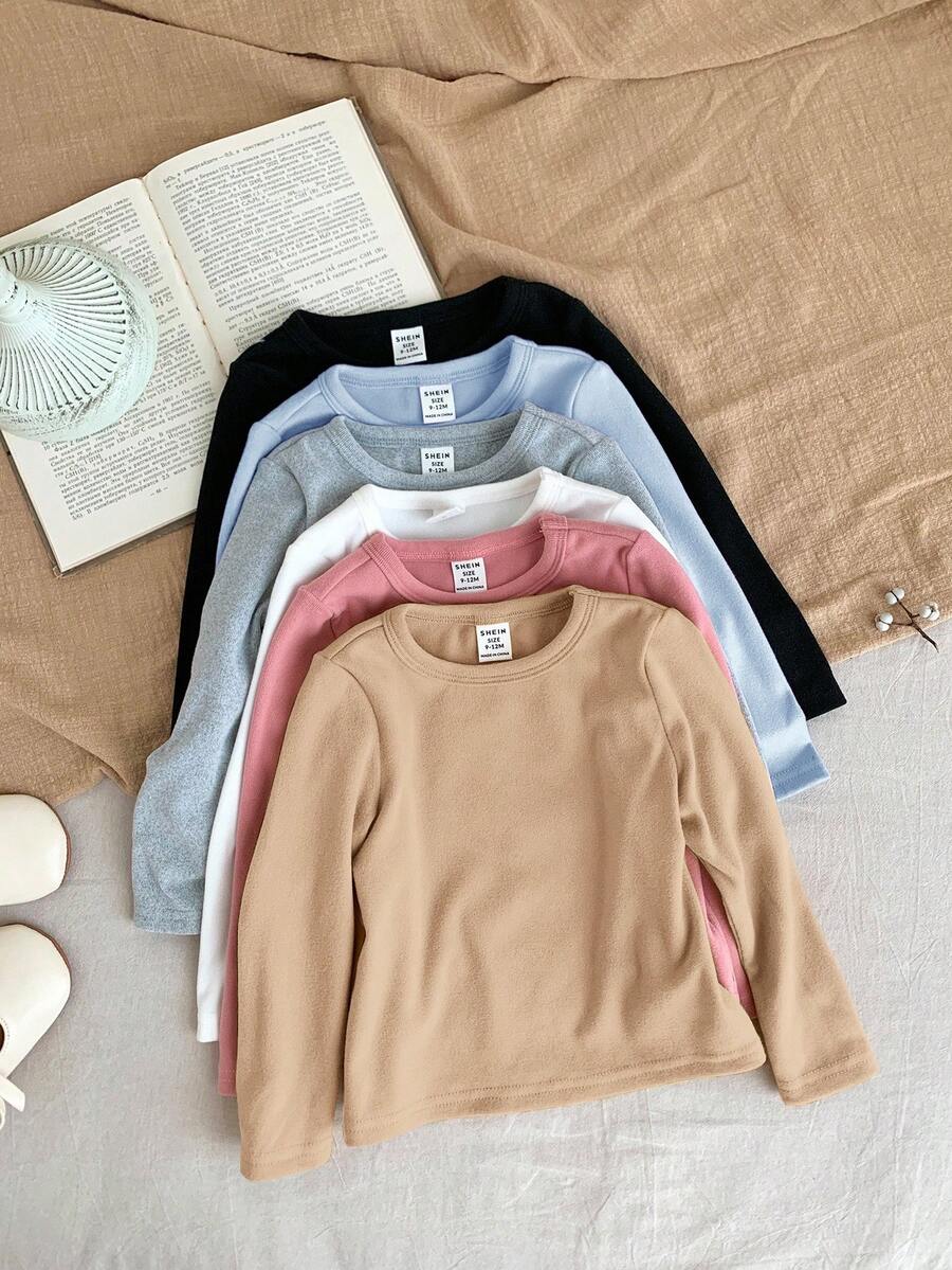 SHEIN LMoss Kids LMoss 年轻女孩休闲基础款纯色针织弹力长袖汗衫上衣多件 6 件套，非常适合秋冬季休闲日常穿着和上学日常，必备百搭，妈妈和女儿搭配，姐妹和我搭配， - 藍色 - 查看 1