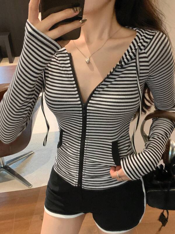 DAZY Women's Hooded Slim Striped Cardigan Casual Thin Jacket Fall/Winter