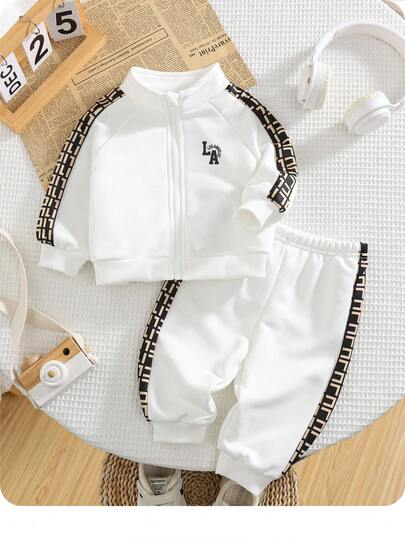 2pcs Baby Boy/Girl Casual Sports Outfit, Loose Fit Letter Graphic Print Decor Zip-Up Jacket And Pants Set, Suitable For Travel, School, Daily Gatherings, Autumn/Winter Back To School Outfits, Fleece Thickened Baby Sportswear Baby Set Autumn Winter Season Baby Tracksuit Baby Street Wear Baby Casual Sets