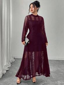 Modelyn Knit Contrast Mesh Sheer Flowy Elegant Romantic Fashion Dress, Long Sleeve, Black, Plus Size - Red Violet - View 3