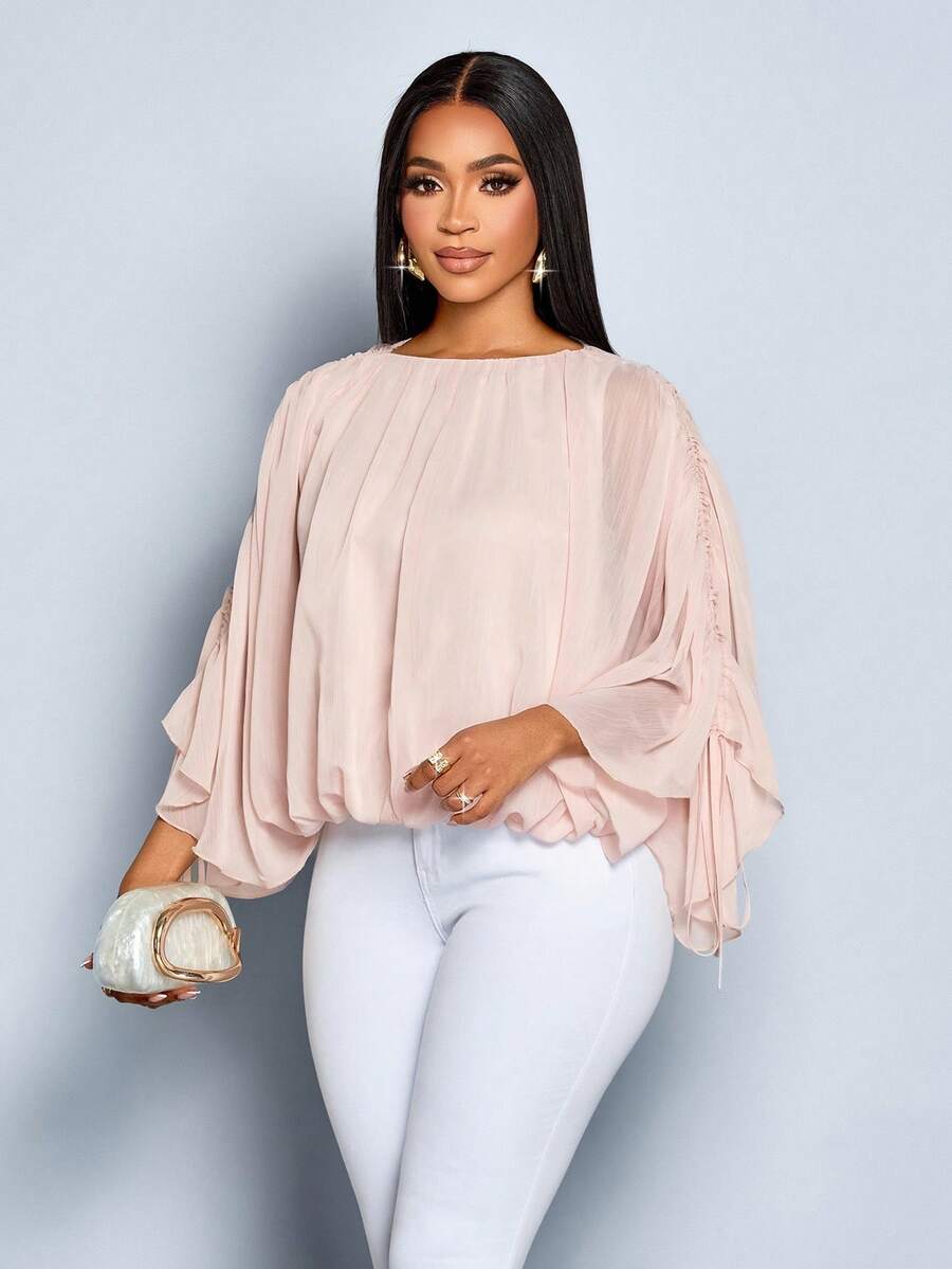 SOLERSUN 女士优雅纯色圆领抽绳蝙蝠袖衬衫 - 杏色 - 查看 1