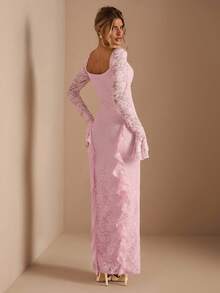 SHEIN BAE 纯色粉色蕾丝喇叭袖紧身荷叶边下摆优雅女士连衣裙，适合日常穿着、约会、郊游、派对、鸡尾酒会、浪漫约会、秋冬分层针织连衣裙、派对、正式聚会、伴娘迷你连衣裙、晚礼服 - 粉色 - 查看 2