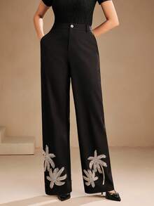 Anewsta Women's Elegant Faux Pearl Embroidered Hem Mid-Rise Pants, Suitable For Autumn, Fall, Winter, Going Out, Elegant, Formal, Chic, New Year, Christmas, Graduation, Wedding, Business