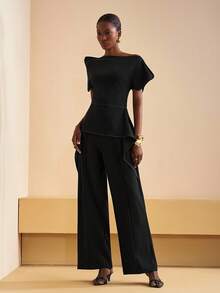 Zivah 2025 秋季新款音乐节、复活节、圣帕特里克节、西部风、游牧风、生日派对、毕业典礼、学院风、学生装、日常休闲、基础百搭、休闲、度假、邮轮旅行、海滩、日光浴、网络热播、街头服饰、婚礼宾客波西米亚风、通勤、早午餐、机场、派对、节日郊游、优雅宴会不对称荷叶边袖上衣和阔腿裤黑色两件套 - 黑色 - 查看 5