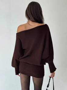 Aloruh Y2K Style Versatile Asymmetric Shoulder Long Sleeve Fitted Waist Bodycon Sweater Dress, Casual/Commute, Vintage American Aesthetic In Fall/Winter,Cozy Fall And Winter Clothes For Women,Fall,Fall Clothes For Women