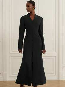 EMERY ROSE Luxury European & American Style V-Neck Full Button Decor Padded Shoulder Long Sleeve Maxi Mermaid Hem Fitted Dress For Women - Black - View 4