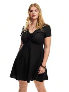 Solavibe Plus Size Black Knit Textured Fabric Dress, Spring/Summer,Summer Dresses For Women,Dresses Casual - Black - View 4