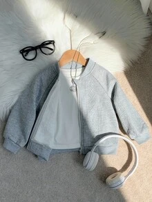 SHEIN Abyboy Babygirl 灰色纹理面料休闲夹克，适合秋冬季 - 灰色 - 查看 3