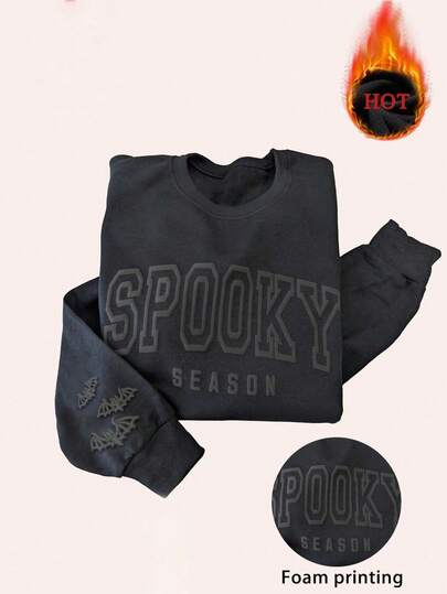 INAWLY Sudadera con mangas abullonadas de Halloween, sudadera de cuello redondo de temporada de terror, sudadera con capucha de mujer de cuello redondo con estampado de burbujas con diseño de Halloween