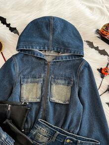 Attitoon 女式休闲水洗连帽夹克和牛仔裙套装秋季女装万圣节服装女式万圣节服装拉链女式蓝色牛仔连帽拉链夹克，带口袋和松紧袖口，休闲风格 - 深色水洗藍 - 查看 4